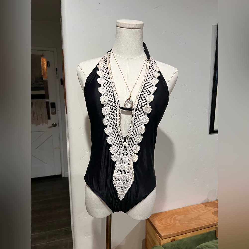 Kona Sol Black Swimsuit with Crochet Accents